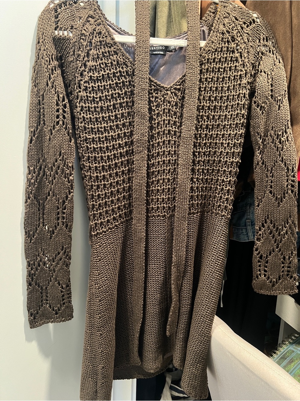 Vertigo Paris Olive-Brown Crochet Knit Long Cardigan Dress